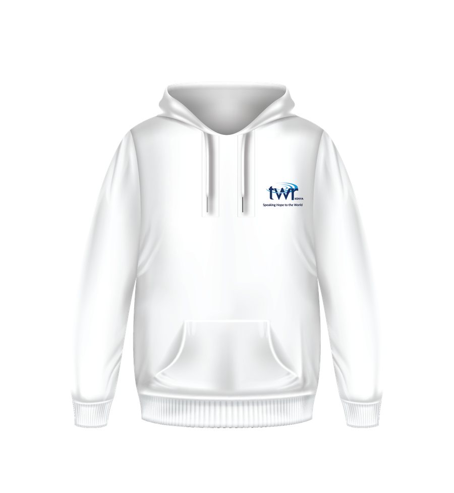 TWR Kenya Jubilee Hoodie, front view, white with the logo printed on the chest