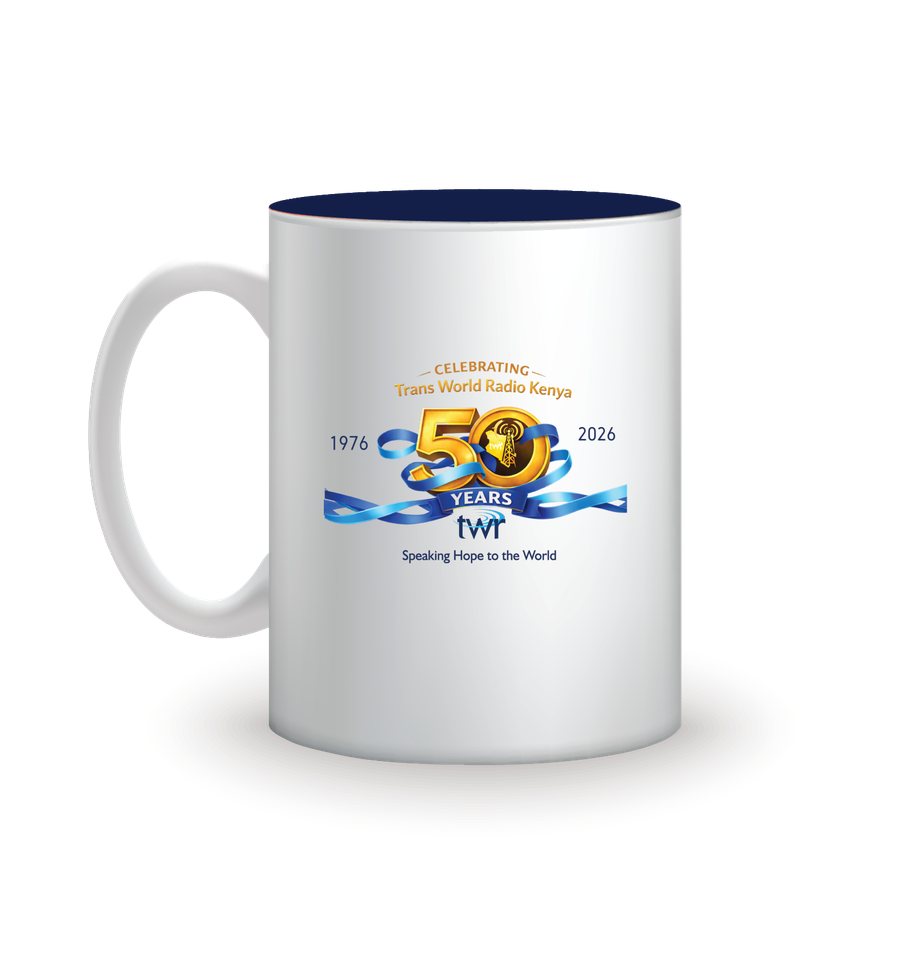 TWR Kenya Jubilee Mug with the 50 Years badge printed on the side