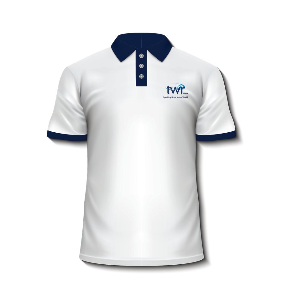 TWR Kenya Jubilee Polo Shirt, front view, blue with collar and the 50 Years badge on the chest