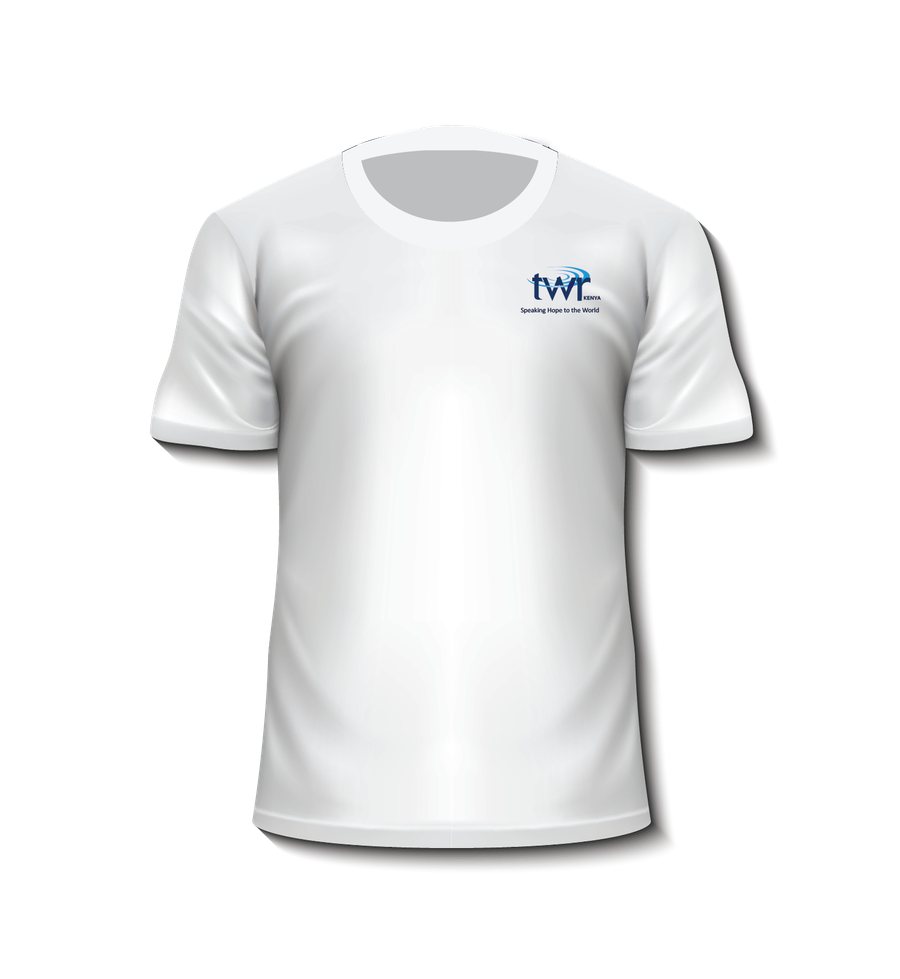 TWR Kenya Jubilee Round Neck Tee, front view, white with the logo printed on the chest