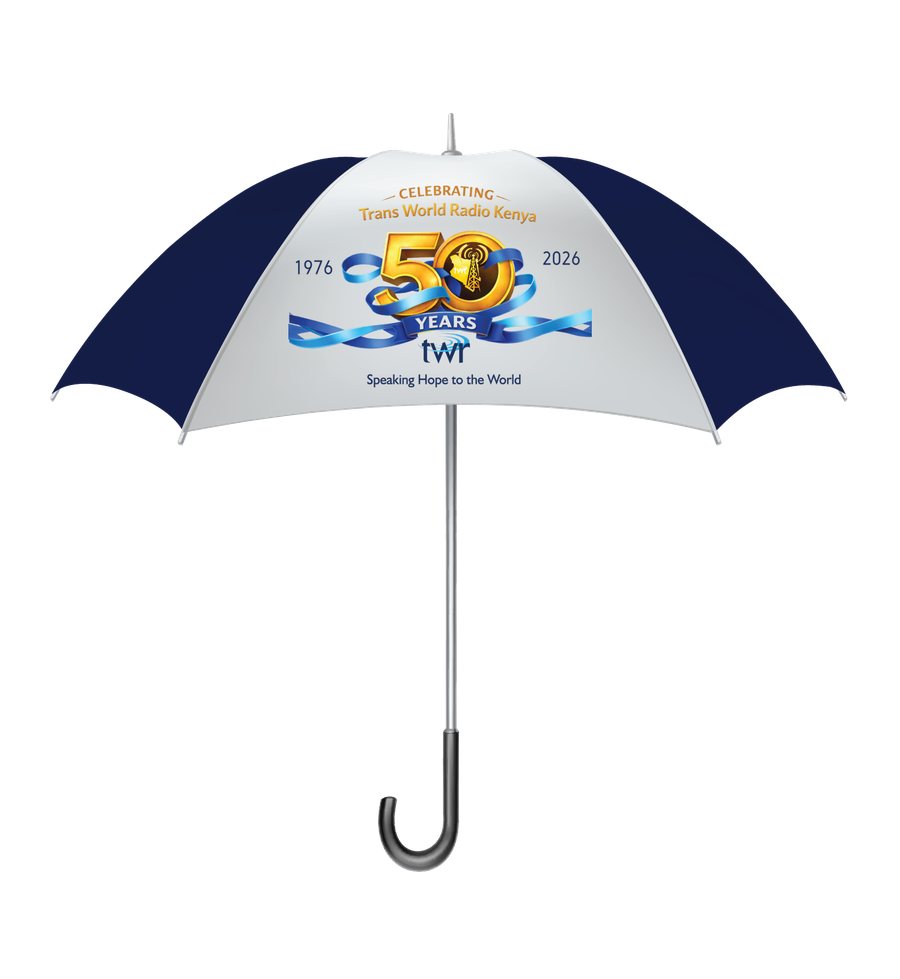 TWR Kenya Jubilee Umbrella, navy and white with the 50 Years badge on the canopy
