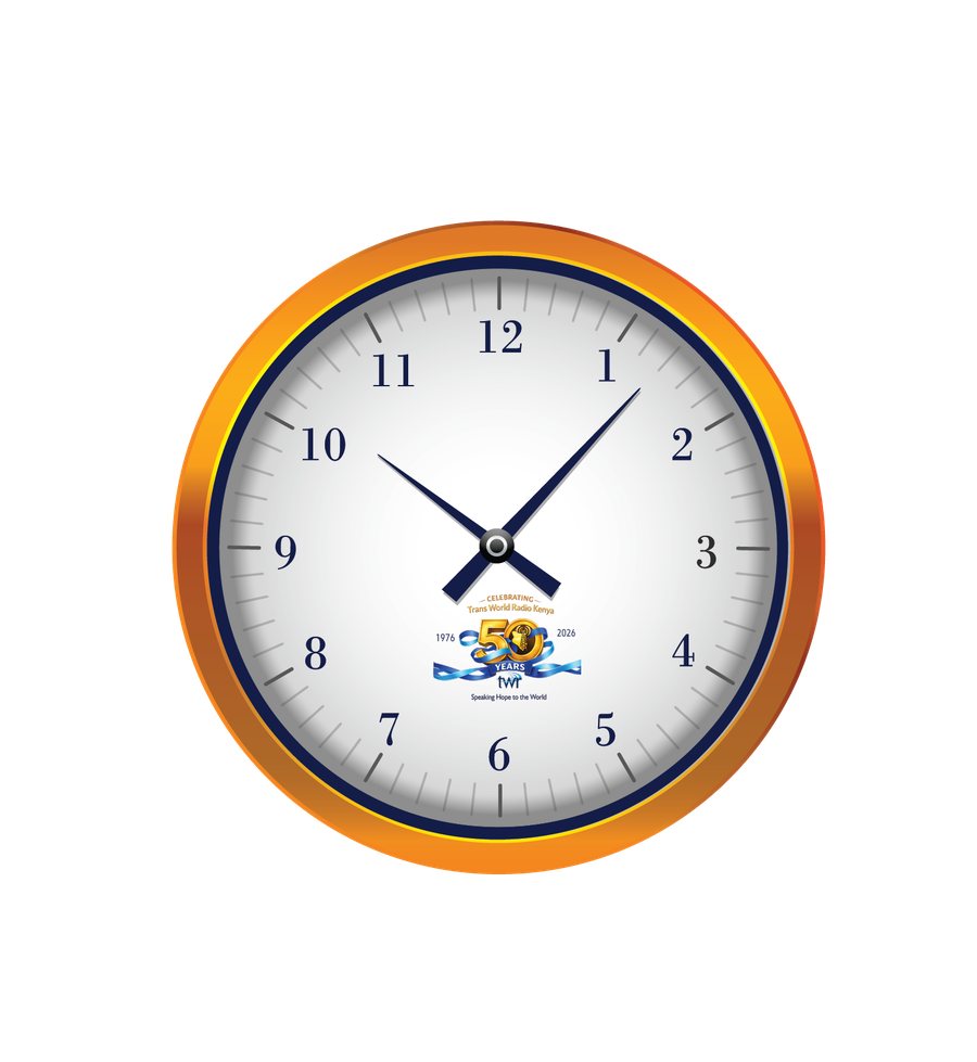 TWR Kenya Jubilee Wall Clock with the 50 Years badge at the centre