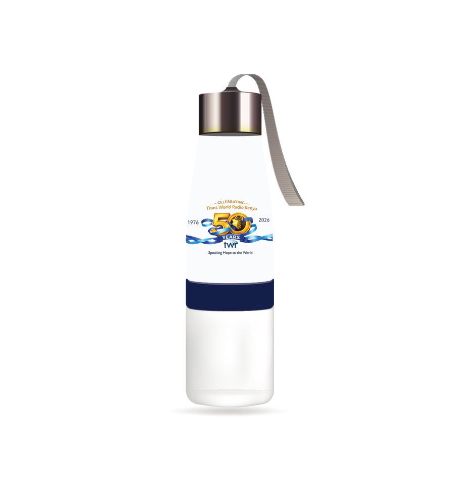 TWR Kenya Jubilee Sports Water Bottle, white bottle with navy band and ribbon lanyard, printed with the 50 Years badge