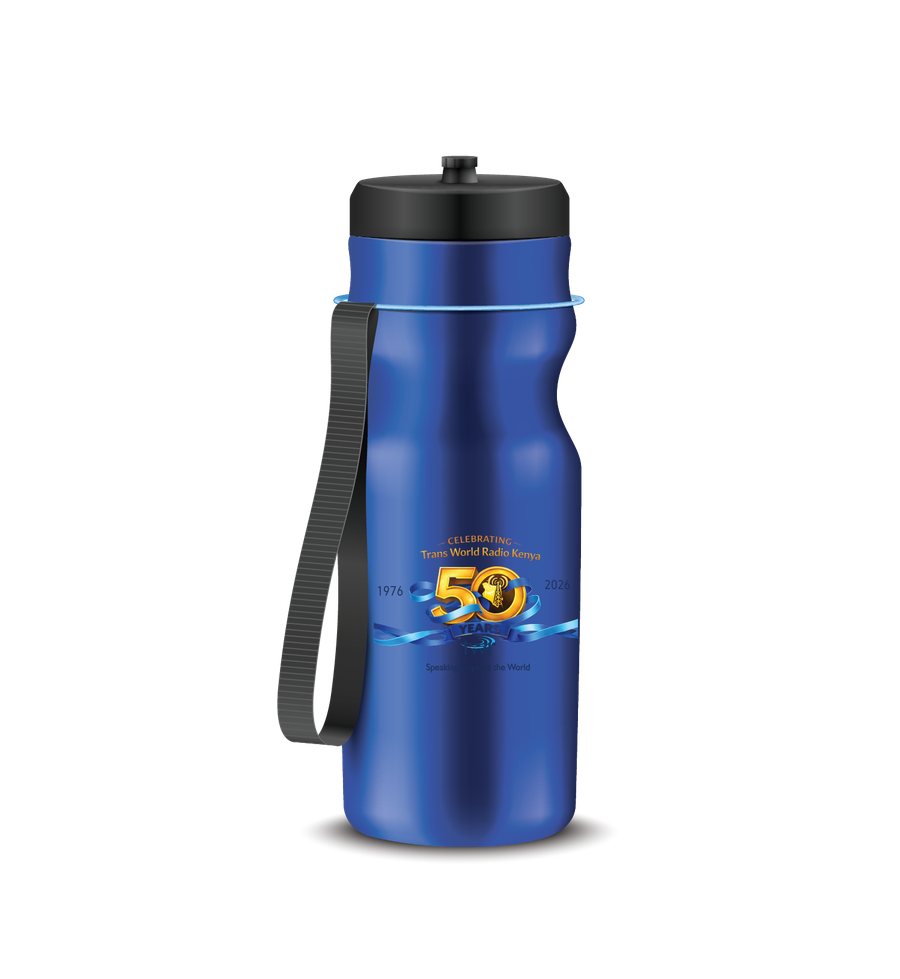 TWR Kenya Jubilee Steel Water Bottle, blue stainless steel with strap and the 50 Years badge printed on the body